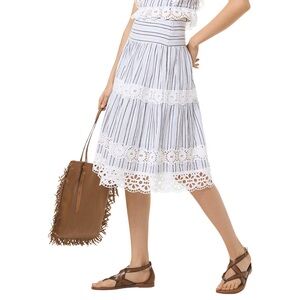 Michael Kors Blue & White Striped Eyelet Lace Midi Skirt Boho Cottage Size 6